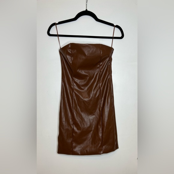 PRETTY GARBAGE - Strapless Brown Leather Dress - Picture 1 of 7